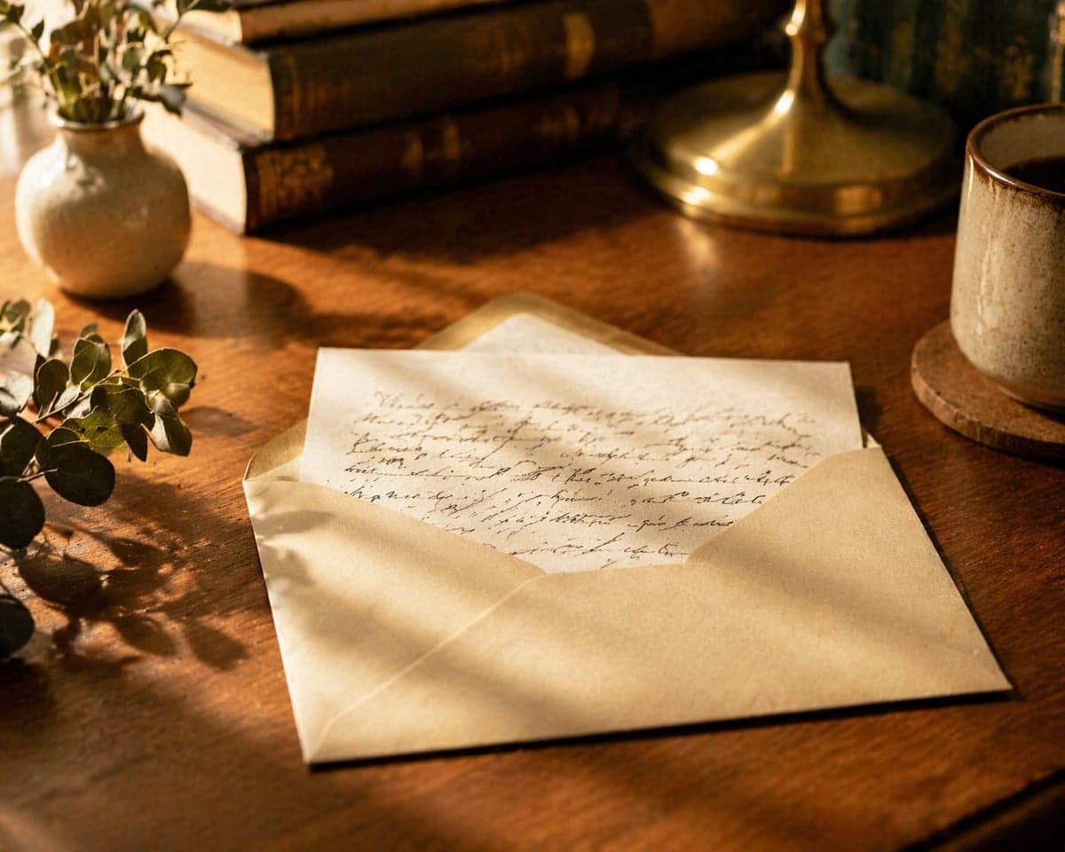A kraft envelope with a white letter and dried wheat stalks
