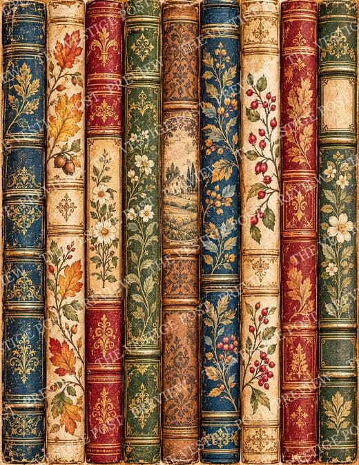 Preview of the longer spines sheet: nine tall botanical book spines with leaves, berries and flowers