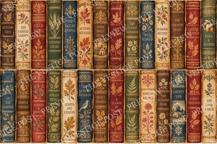 Preview of the shorter spines sheet: two rows of titled vintage book spines in red, green, navy and cream