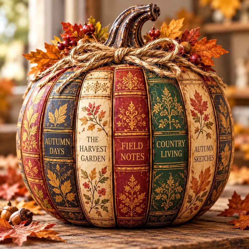 A round pumpkin covered in vintage book spines titled Autumn Days, The Harvest Garden, Field Notes and Country Living, tied with twine and autumn leaves