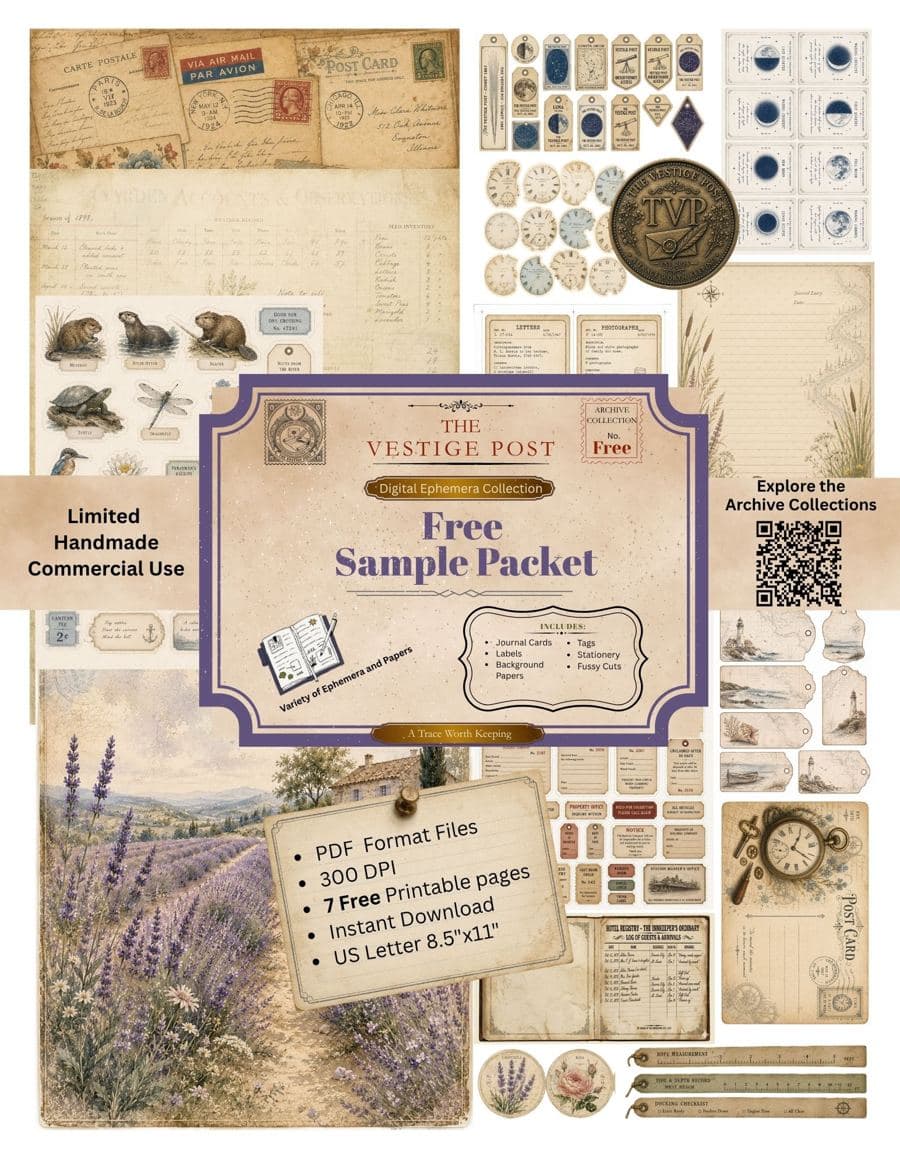 The Vestige Society free sample packet — seven printable pages of vintage ephemera, a membership card, and a keepsake token